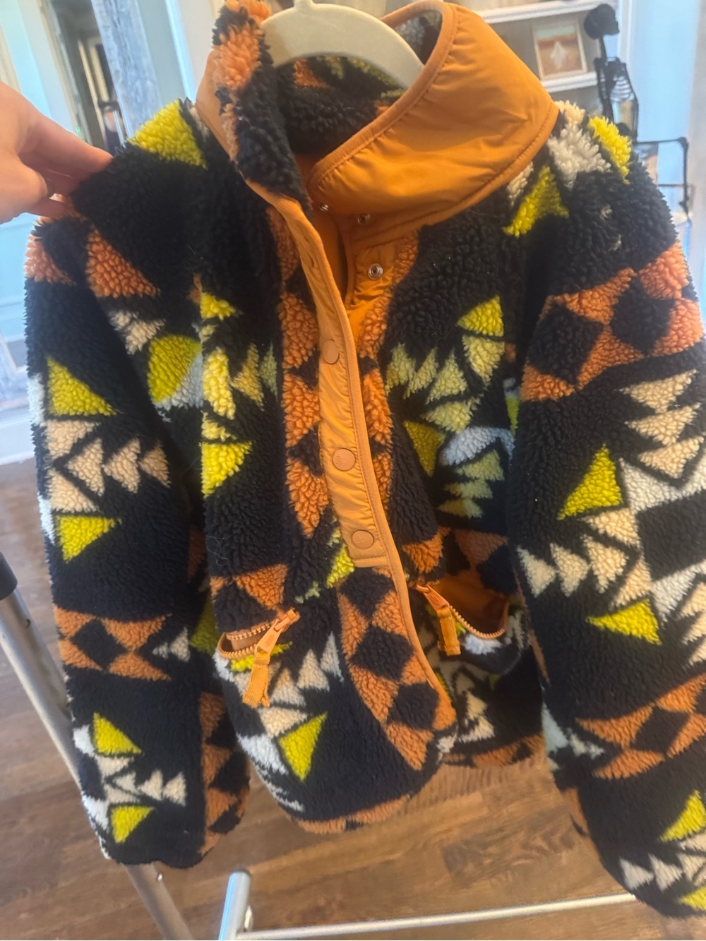 Free People Black Geo-Print Sherpa Puffer with Orange & Yellow Trim